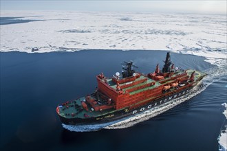 Aerial of the Icebreaker '50 years of victory' on its way to the North Pole