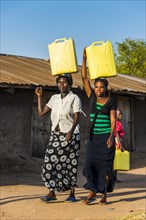 Women carrying water canisters on their head bringing water home from Lake Albert