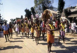 Devotees carrying Kavadi on their shoulders to Palani on Thai Poosam day