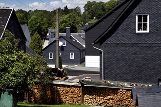 Town view with slate-roofed houses