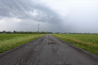 Country road across fields with storm clouds