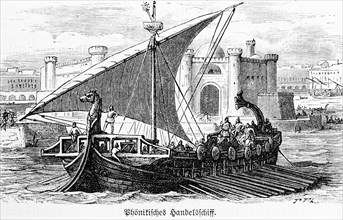 Phoenician merchant ship leaving port with full crew