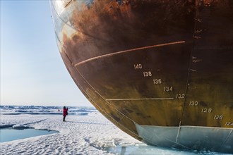 Bow and anchor of the Icebreaker '50 years of victory' on the North Pole