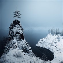 Rock with lone tree and snow