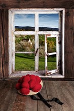 Old Black Forest Bollen hat at the window with view into the landscape