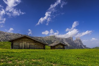 Alpine huts in front of the Schlern massif