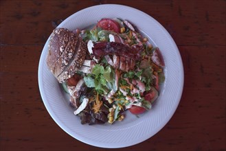 Salad with roasted turkey strips served in a garden restaurant