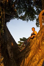 Girl standing in a giant old tree at sunset in downtown Apia