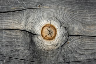 Weathered wood with knothole at an alpine hut