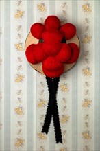 Original Black Forest Bollen hat in front of old-fashioned wallpaper wall