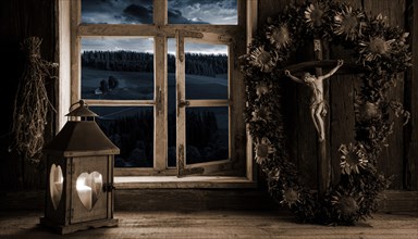 Rustic farmhouse in candlelight
