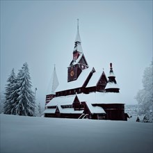 Snow and Stave Church Hahnenklee in winter