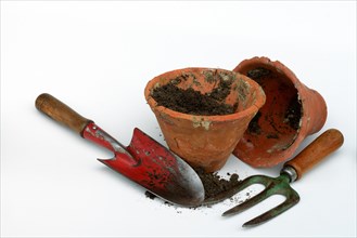 Clay pots and garden tools