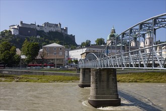 Mozartsteg over the Salzach river with a view of Salzburg's old town