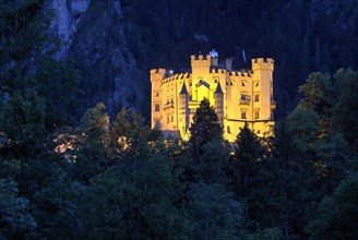 Illuminated castle Hohenschwangau at night