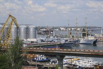 Naval port Odessa with windjammer Druzhba and decommissioned warships of the Black Sea Fleet