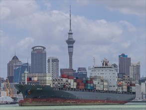 Container ship in front of the Auckland skyline