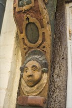 Carved figure on the front of the old famous half-timbered house 'Angel house' or 'Hans Raffns house' build 1573 in Ystad