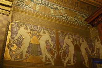 Entrance area with wall painting of the Palazzi degli Ambasciatori Embassy palaces with archway to the Quartiere Coppede