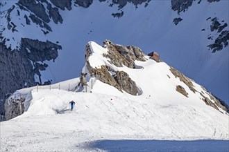 Touring skiers ascending in front of the summit slope