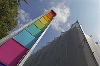 Colour tower by Heinz Mack in front of the Textile Academy of North Rhine-Westphalia