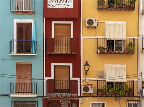 Close-up of colorful windows and balconies of fishermen's houses in Villajoyosa