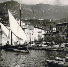 Lake Garda in 1960: Malcesine harbour with two-masted sailing ship