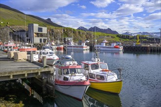 Ships in the harbour of Borgarfjoerour in the background new tourist info with cafe