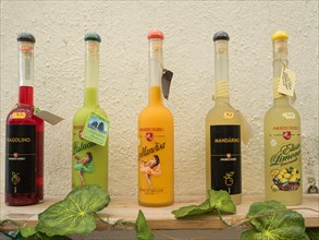 Souvenir stall with bottles of limoncello and alcoholic beverages