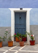 Blue door and house with flowerpots
