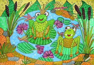 Two frogs sitting in a pond