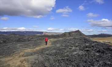 Woman walking across lava field of Krafla volcanic system towards crater