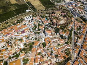 Aerial view of Silves with Moorish castle and historic cathedral