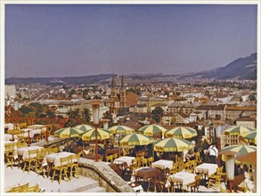 Salzburg in 1959: View of the city from the Grand Cafe Winkler. former terrace cafe on the Moenchsberg in the old town of Salzburg. Today it houses the Moenchsberg Museum of Modern Art and the M32 res...