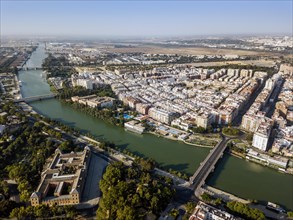 Aerial view of Seville with San Telmo Palace where local government resides in the foreground