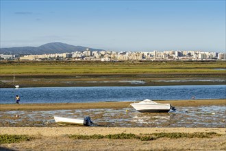 Ria Formosa during low tide with boats and people gathering the seafood