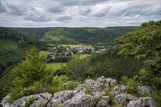 View into the Danube valley of the municipality of Beuron with the archabbey