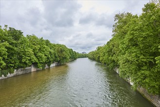 Isar river flowing through munich on a rainy day