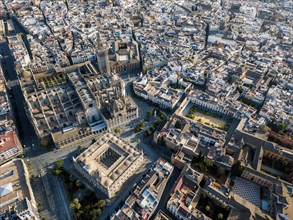 Aerial view of Seville with enormous Cathedral of Seville