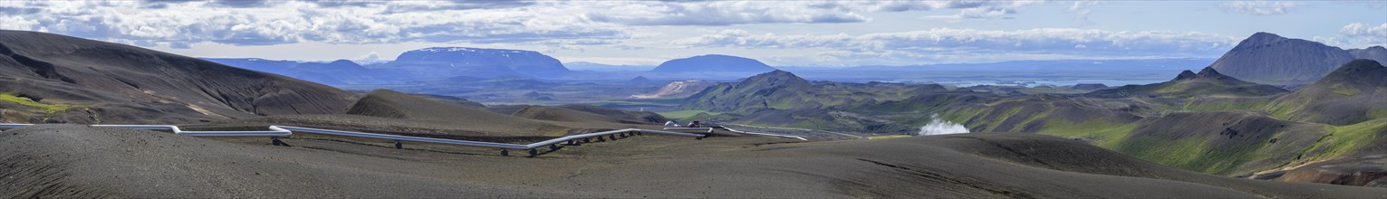 Pipeline of the volcanic power plant and in the background Myvatn