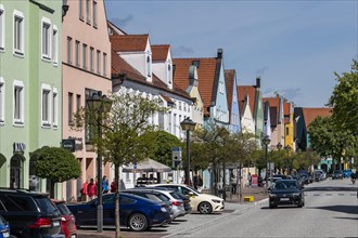 Colourful house facades characterise the street Lange Zeile in Erding