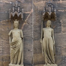 Sculptures of the Ecclesia on the left and the Synagogue on the right at the Prince's Portal of Bamberg Cathedral