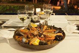 Spanish dish paella with prawns