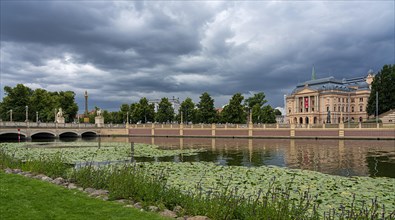 Castle moat with the castle bridge on Lennestrasse and the state museum in Schwerin