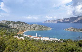 View of Monastery of Archangel Michael Panormitis and Panormitis Bay