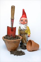 Garden gnome and garden tools