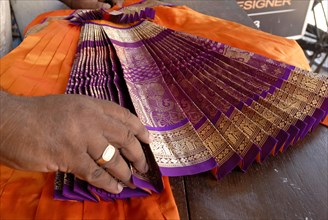 A tailor making Bharat Natyam costume at Mylapore