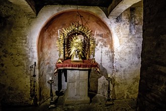 Altar in Crypta of Pope Adrian I in ancient cellar of Church of Santa Maria in Cosmedin