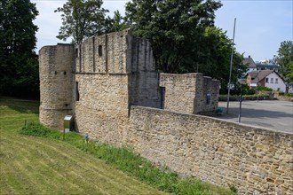Ruin of outer bailey of ruin of partially reconstructed former moated castle Altendorf from the Middle Ages