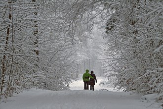 Couple trudging through the winter landscape in the forest